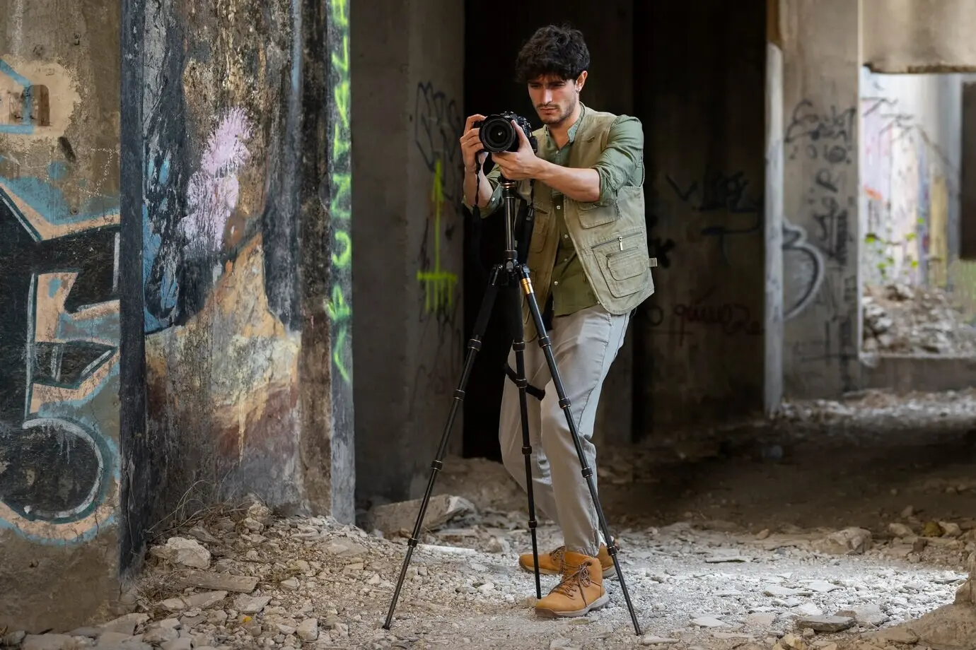 Photographer exploring an abandoned site