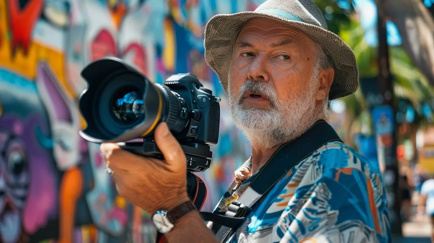 A middle-aged man celebrates World Photography Day by taking photos with a camera.
